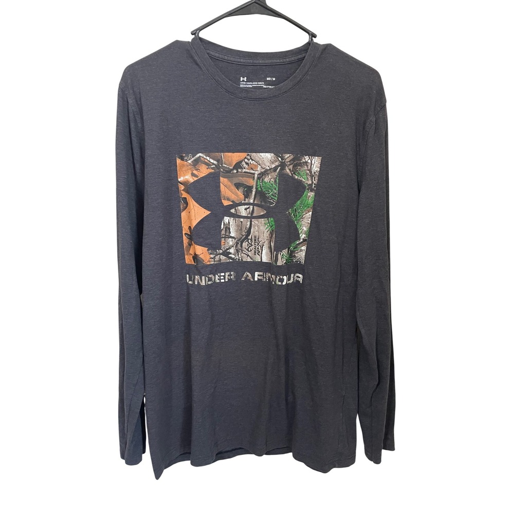 Under Armour Size M HeatGear Long Sleeve Shirt Realtree Camo Logo Charcoal Gray